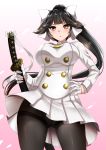  &gt;:o 1girl azur_lane bangs black_hair blush bow breasts brown_eyes cowboy_shot hair_bow hair_flaps hand_on_hip holding holding_sword holding_weapon katana large_breasts long_hair long_sleeves looking_at_viewer makumaxu military military_uniform miniskirt pantyhose parted_lips pleated_skirt ponytail skirt solo sword takao_(azur_lane) thighband_pantyhose uniform weapon 