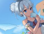  1girl alternate_hairstyle blue_eyes blue_hair blue_sky cirno crop_top cropped day eating food hair_ribbon hair_up hajin holding holding_food ice ice_wings looking_at_viewer melting outdoors popsicle ribbon sky solo summer tan tanned_cirno touhou wings 
