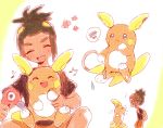  1boy alola_form alolan_raichu backpack bag blush closed_eyes dark_skin dark_skinned_male green_hair hair_dryer hau_(pokemon) open_mouth pokemon pokemon_(creature) pokemon_(game) pokemon_sm raichu shirt short_hair short_ponytail smile t-shirt 