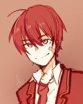  1boy arsloid character_name highres male_focus mi_no_take monochrome necktie red_background redhead school_uniform simple_background smile solo upper_body vocaloid 