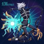  androgynous black_legwear bodysuit bound character_name covered_mouth electricity full_body greenriverknight grey_eyes grey_hair highres leg_belt pale_skin personification pokemon short_hair solo xurkitree 