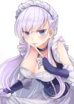  1girl azur_lane bangs belfast_(azur_lane) blue_eyes blush braid breasts chains cleavage collarbone corset dress eyebrows_visible_through_hair finger_to_mouth french_braid gloves large_breasts long_hair looking_at_viewer maid maid_headdress open_mouth pink_lips silver_hair smile solo temoto very_long_hair white_background white_dress 