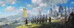  6+boys armor army banner blue_sky clouds cloudy_sky commentary day highres horse horseback_riding japanese_armor katana ling_xiang mountain multiple_boys outdoors people real_life riding sky sword uesugi_kenshin valley weapon 