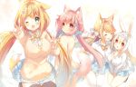  4girls :d ;o animal_ears bangs black_footwear black_legwear blonde_hair blue_eyes blue_skirt blush bow bowtie breasts bunny_girl bunny_tail cardigan cleavage closed_eyes closed_mouth collared_shirt commentary_request covering covering_crotch double_v eyebrows_visible_through_hair finger_to_mouth flower fox_ears fox_girl fox_tail frilled_hairband hair_between_eyes hair_bow hair_flower hair_ornament hair_scrunchie hairband hand_up highres large_breasts long_hair long_sleeves looking_at_viewer low_twintails multiple_girls one_eye_closed open_mouth original outstretched_arm p19 partially_unbuttoned petals pink_hair pink_scrunchie plaid_neckwear pleated_skirt polka_dot polka_dot_scrunchie rabbit_ears red_eyes school_uniform scrunchie shirt shoes skirt sleeves_past_wrists smile sweat tail thigh-highs thighs twintails v very_long_hair white_background white_bow white_hairband white_legwear white_shirt x_hair_ornament zettai_ryouiki 