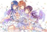  3girls blue_hair closed_eyes closed_mouth dress flower green_eyes hair_between_eyes hair_flower hair_ornament highres hoshizora_rin lily_white_(love_live!) long_hair looking_at_viewer love_live! love_live!_school_idol_festival love_live!_school_idol_project multiple_girls nail_polish one_side_up open_mouth orange_hair petals purple_hair short_hair simple_background sitting smile sonoda_umi takitou toujou_nozomi white_background white_dress wings yellow_eyes 