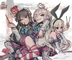  3girls arm_around_shoulders artist_name asashimo_(kantai_collection) ass blonde_hair brown_hair commentary_request dated eyes_visible_through_hair food green_eyes grey_hair grin hair_ribbon highres kakiiro_(takuya) kantai_collection miniskirt multiple_girls naganami_(kantai_collection) pocky pocky_day ribbon sharp_teeth shimakaze_(kantai_collection) skirt smile striped striped_legwear teeth uniform 