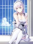  1girl azur_lane bangs belfast_(azur_lane) blue_eyes blush braid breasts chains cleavage collar collarbone commentary_request eyebrows_visible_through_hair french_braid gloves large_breasts long_hair looking_at_viewer maid maid_headdress morugen silver_hair sitting smile solo thigh-highs white_legwear 