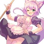  1girl animal_ear_fluff animal_ears apron broom cat_ears cat_girl cat_tail dress fang garter_belt green_eyes hand_on_hip highres maid maid_apron maid_headdress nyama one_eye_closed open_mouth purple_hair ruhuyu_(show_by_rock!!) short_sleeves show_by_rock!! smile tail thigh-highs 