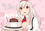  1girl anna_(sennen_sensou_aigis) blush breasts cake candle cleavage food hairband holding holding_plate large_breasts long_hair looking_at_viewer miniru open_mouth pink_background plate red_eyes sennen_sensou_aigis silver_hair solo upper_body 