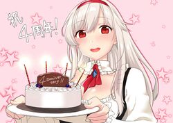  1girl anna_(sennen_sensou_aigis) blush breasts cake candle cleavage food hairband holding holding_plate large_breasts long_hair looking_at_viewer miniru open_mouth pink_background plate red_eyes sennen_sensou_aigis silver_hair solo upper_body 