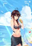  absurdres ahoge bendy_straw blue_eyes braid breasts brown_hair cleavage drinking_straw fingernails groin hair_between_eyes hand_in_hair highres juice_box kantai_collection long_fingernails medium_breasts navel recording sarong shigure_(kantai_collection) short_hair single_braid sweat swimsuit swimsuit_under_clothes wowan_baihe_zenmeliao 