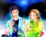  1boy 1girl ayase_chihaya black_hair blue_eyes braid brown_hair chihayafuru earrings fireworks glasses hidaka_en japanese_clothes jewelry kimono long_hair night night_sky outdoors sitting sky smile sparkler sweatshirt wataya_arata yukata 