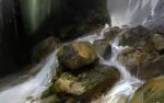  commentary day foam grass highres ling_xiang moss no_humans original outdoors river rock scenery water waterfall 