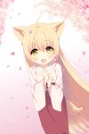  &gt;_&lt; 1girl :d absurdres animal_ears bangs blonde_hair blush commentary_request eyebrows_visible_through_hair fang fox_ears fox_girl fox_tail gradient gradient_background hair_between_eyes hands_up highres japanese_clothes kimono konohana_kitan long_sleeves looking_at_viewer obi open_mouth own_hands_together petals pink_background pink_kimono red_skirt sash simple_background skirt smile solo standing tail translated white_background wide_sleeves xd xiaosamiao yellow_eyes yuzu_(konohana_kitan) 