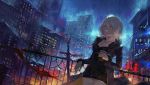  1girl against_railing blonde_hair city cityscape cowboy_shot cross cross_necklace drinking_cup fate/grand_order fate_(series) fur_trim hair_between_eyes holding jacket jeanne_alter jewelry kuroduki_(pieat) long_sleeves looking_at_viewer necklace night outdoors parted_lips railing rain ruler_(fate/apocrypha) short_hair smile solo sword weapon yellow_eyes 