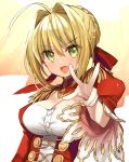  &gt;:d 10s 1girl :d ahoge bangs blonde_hair braid breasts buttons cleavage cleavage_cutout dress epaulettes eyebrows_visible_through_hair fate/extra fate_(series) french_braid gambe green_eyes hair_bun hair_intakes hair_ribbon hand_gesture highres juliet_sleeves large_breasts long_sleeves looking_at_viewer open_mouth outstretched_arm puffy_sleeves red_dress red_ribbon ribbon saber_extra smile solo sparkle upper_body v wide_sleeves 
