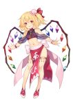  1girl alternate_costume bare_legs bare_shoulders blush bow commentary_request crystal flandre_scarlet full_body hair_bow hair_ribbon hat highres looking_at_viewer midriff mini_hat mob_cap navel pokachu red_eyes ribbon side_ponytail simple_background smile solo touhou white_background wings wrist_cuffs 