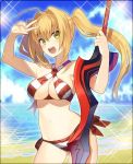  1girl :d bangs bikini blonde_hair blush eyebrows_visible_through_hair fate/grand_order fate_(series) green_eyes long_hair looking_at_viewer nero_claudius_(swimsuit_caster)_(fate) open_mouth sanae_(satansanae) smile solo striped striped_bikini swimsuit twintails 