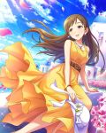  1girl artist_request bangs bare_shoulders belt blue_sky bracelet breasts brown_eyes brown_hair collarbone dress earrings eyebrows_visible_through_hair flower hat hat_removed headwear_removed idolmaster idolmaster_cinderella_girls jewelry long_hair looking_to_the_side nitta_minami ocean official_art open_mouth outdoors petals sitting sky smile solo sunlight wind yellow_dress 