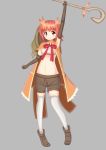  1girl absurdres akino_kaede brown_gloves brown_shorts capelet elbow_gloves eyebrows_visible_through_hair gloves hat highres magia_record:_mahou_shoujo_madoka_magica_gaiden magical_girl mahou_shoujo_madoka_magica navel open_mouth orange_eyes redhead shorts solo staff thigh-highs weapon white_background white_legwear witch_hat 