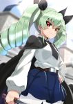  1girl alknasn anchovy black_cape black_neckwear black_ribbon blue_skirt cape closed_mouth commentary drill_hair girls_und_panzer green_hair hair_ribbon hand_on_hip light_smile long_hair long_sleeves looking_at_viewer necktie pantyhose red_eyes ribbon skirt solo twin_drills twintails white_legwear 