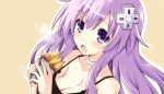  1girl blush breasts choujigen_game_neptune cleavage collar collarbone d-pad food holding holding_food iwasi-r long_hair looking_at_viewer medium_breasts nepgear neptune_(series) no_bra open_mouth potato purple_hair shirt upper_body violet_eyes 