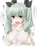 1girl alternate_costume anchovy black_ribbon blush bra bra_through_clothes drill_hair elf_(stroll_in_the_woods) eyebrows_visible_through_hair girls_und_panzer green_hair hair_between_eyes hair_ribbon lace lace_bra looking_at_viewer red_eyes ribbon see-through solo sweat translation_request twin_drills twintails underwear upper_body white_bra 