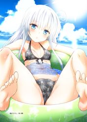  10s 1girl barefoot bikini black_bikini blue_eyes collarbone eyebrows_visible_through_hair feet hair_between_eyes hibiki_(kantai_collection) innertube jewelry kantai_collection long_hair necklace ocean silver_hair soles solo sun sunlight swimsuit toes yua_(checkmate) 