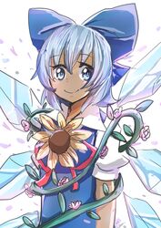  1girl absurdres bangs blue_bow blue_dress blue_eyes blush bow cirno closed_mouth dress flower hair_bow highres ice ice_wings light_blue_hair plant puffy_short_sleeves puffy_sleeves red_ribbon ribbon sanzuri short_hair short_sleeves smile solo standing sunflower tagme tan tanned_cirno touhou vines white_background wings 