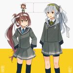  3girls :d annin_musou asagumo_(kantai_collection) black_legwear blue_neckwear brown_hair character_name collared_shirt commentary_request fairy_(kantai_collection) grey_eyes grey_skirt hair_between_eyes highres kantai_collection kneehighs long_hair long_sleeves multiple_girls necktie open_mouth pleated_skirt ponytail shirt silver_hair skirt smile thigh-highs white_shirt yamagumo_(kantai_collection) 