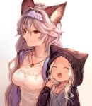  2girls absurdres animal_ears animal_hood breasts brown_eyes cat_ears cat_hood closed_eyes erun_(granblue_fantasy) granblue_fantasy hair_between_eyes hairband heles highres hood jewelry large_breasts long_hair looking_at_viewer multiple_girls necklace open_mouth silver_hair simple_background skasaha_(granblue_fantasy) sketch smile sukemyon upper_body very_long_hair yawning 