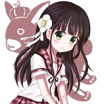  1girl anko_(gochiusa) bangs black_ribbon blouse blunt_bangs blush breasts brown_hair closed_mouth commentary_request eyebrows_visible_through_hair flower gochuumon_wa_usagi_desu_ka? green_eyes hair_flower hair_ornament kuno_(k_u_n_o) long_hair looking_at_viewer neck_ribbon plaid plaid_sailor_collar plaid_skirt red_sailor_collar red_skirt ribbon school_uniform serafuku short_sleeves skirt small_breasts smile solo ujimatsu_chiya upper_body white_background white_blouse white_flower white_ribbon 