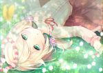  1girl ahoge bangs blonde_hair blouse blurry blush butterfly buttons chromatic_aberration day depth_of_field field flower flower_field frilled_skirt frills from_above green_eyes hair_tie head_wreath highres himawarino-tane idolmaster idolmaster_cinderella_girls idolmaster_cinderella_girls_starlight_stage light_particles long_sleeves looking_at_viewer low_twintails lying medium_hair medium_skirt on_back outdoors outstretched_arms parted_lips plaid plaid_skirt red_ribbon red_skirt ribbon shade shiny shiny_hair short_twintails skirt solo swept_bangs twintails upper_body white_blouse white_flower yusa_kozue 