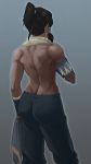  1girl armband ass avatar_(series) back black_hair commentary dark_skin facing_away flat_ass from_behind hair_tubes high_ponytail korra long_hair muscle muscular_female revision solo the_legend_of_korra topless towel towel_around_neck william_ruzicka 