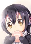  1girl black_hair brown_eyes commentary_request dot_nose eating eyebrows_visible_through_hair eyes_visible_through_hair face food hair_between_eyes headphones highres humboldt_penguin_(kemono_friends) japari_bun kemono_friends looking_at_viewer multicolored_hair pink_hair portrait short_hair solo yasume_yukito 