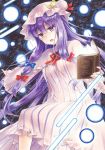  &gt;:o 1girl :o blush book capelet danmaku dress fujiwara_minaho hat long_hair looking_at_viewer marker_(medium) mob_cap open_mouth patchouli_knowledge purple_hair solo striped striped_dress touhou traditional_media very_long_hair violet_eyes 