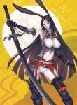  1girl animal_ears armor armored_boots bare_shoulders black_hair bodysuit boots breasts force_of_will gloves katana large_breasts long_hair moon official_art open_mouth petals rabbit_ears red_eyes solo sword teeth weapon 