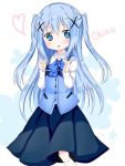  1girl :o alternate_hairstyle bangs black_skirt blue_eyes blue_hair blue_neckwear blue_vest blush bow bowtie character_name clenched_hands collared_shirt commentary_request eyebrows_visible_through_hair gochuumon_wa_usagi_desu_ka? hair_between_eyes hair_ornament hands_up head_tilt heart kafuu_chino kneehighs long_hair long_sleeves looking_at_viewer parted_lips rabbit_house_uniform shika_(s1ka) shirt simple_background skirt solo two_side_up very_long_hair vest white_background white_legwear white_shirt x_hair_ornament 