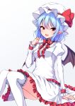  1girl :d bangs blue_hair blush bow eyebrows_visible_through_hair grey_background hair_between_eyes hand_up hat hat_bow highres juliet_sleeves junior27016 long_sleeves looking_at_viewer mob_cap open_mouth over-kneehighs pointy_ears puffy_sleeves red_bow red_eyes remilia_scarlet ribbon-trimmed_legwear ribbon_trim short_hair simple_background sitting skirt smile solo thigh-highs thighs touhou tsurime white_skirt 