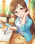  1girl artist_request bangs belt blush bracelet breasts brown_eyes brown_hair cafe collarbone cup day eyebrows_visible_through_hair glasses idolmaster idolmaster_cinderella_girls indoors jewelry long_hair looking_at_viewer mechanical_pencil necklace nitta_minami official_art open_mouth parted_bangs pencil plant semi-rimless_glasses shirt sitting skirt smile solo spoon sunlight sweater table under-rim_glasses white_shirt window 