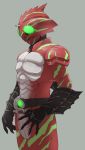  1boy armor belt character_request copyright_request fins from_side full_armor gloves glowing glowing_eyes grey_background helmet highres kamen_rider male_focus simple_background solo standing sumiyao_(amam) 