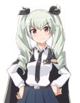  1girl anchovy anzio_school_uniform bangs belt black_belt black_cape black_neckwear black_ribbon black_skirt cape chikuwa_(majihima) closed_mouth commentary dress_shirt drill_hair emblem eyebrows_visible_through_hair frown girls_und_panzer green_hair hair_ribbon hands_on_hips long_hair long_sleeves looking_at_viewer miniskirt necktie pleated_skirt red_eyes ribbon school_uniform shirt simple_background skirt solo standing twin_drills twintails upper_body white_background white_shirt 