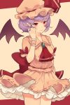  1girl ascot bat_wings closed_mouth hat highres pointing pointing_at_viewer purple_hair red_ascot red_eyes remilia_scarlet short_hair short_sleeves skirt smile solo touhou wings wrist_cuffs yuusei_tsukiro 