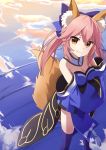  1girl absurdres animal_ears bare_shoulders blue_legwear bow breasts cleavage crossed_arms fate/extra fate/extra_ccc fate/grand_order fate_(series) fox_ears fox_tail hair_bow hair_ornament hair_ribbon highres japanese_clothes kochi_michikaze light_smile long_hair looking_at_viewer looking_up medium_breasts pink_hair ribbon smile solo standing tail tamamo_(fate)_(all) tamamo_no_mae_(fate) yellow_eyes 