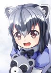  &gt;:d 1girl :d animal_ears black_hair bow bowtie brown_eyes commentary common_raccoon_(kemono_friends) dot_nose eyebrows_visible_through_hair fang fur_collar grey_hair hair_between_eyes highres kemono_friends looking_at_viewer multicolored_hair open_mouth puffy_short_sleeves puffy_sleeves raccoon raccoon_ears short_sleeves simple_background smile solo upper_body white_background yasume_yukito 