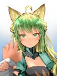  &gt;:&lt; 1girl ahoge animal_ears archer_of_red blonde_hair blurry blush cat_ears closed_mouth commentary_request depth_of_field fate/apocrypha fate_(series) green_eyes green_hair hand_grab long_hair looking_at_viewer multicolored_hair pooosong solo_focus two-tone_hair 
