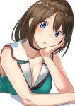  10s 1girl arm_rest bare_arms blue_eyes blush breasts brown_hair choker cleavage collarbone hair_between_eyes hair_ornament hairclip hand_on_own_cheek highres kantai_collection large_breasts looking_at_viewer masukuza_j maya_(kantai_collection) open_mouth remodel_(kantai_collection) sailor_collar short_hair simple_background solo upper_body white_background 