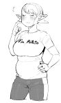  1girl :3 belly breasts closed_eyes elf-san_wa_yaserarenai. english erufuda-san flying_sweatdrops hand_on_hip large_breasts monochrome plump pointy_ears raised_eyebrows short_hair simple_background solo synecdoche thighs white_background 
