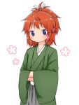  1girl bangs blue_eyes brown_hair closed_mouth eyebrows_visible_through_hair green_kimono grey_hakama hair_ribbon hakama hands_in_sleeves high_ponytail japanese_clothes kimono koshigaya_natsumi long_hair long_sleeves looking_at_viewer non_non_biyori ribbon shika_(s1ka) sidelocks simple_background solo white_background white_ribbon wide_sleeves 