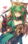  1girl ahoge angry animal_ears archer_of_red blonde_hair blush breasts cat_ears dress fang fate/apocrypha fate/grand_order fate_(series) gloves green_eyes green_hair highres long_hair looking_at_viewer melon22 multicolored_hair open_mouth small_breasts solo tail thigh-highs two-tone_hair 